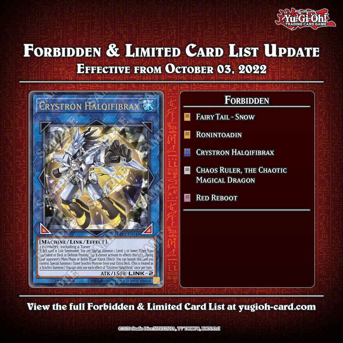 Yugioh Trading Card Game Banned List for October 3rd 2022